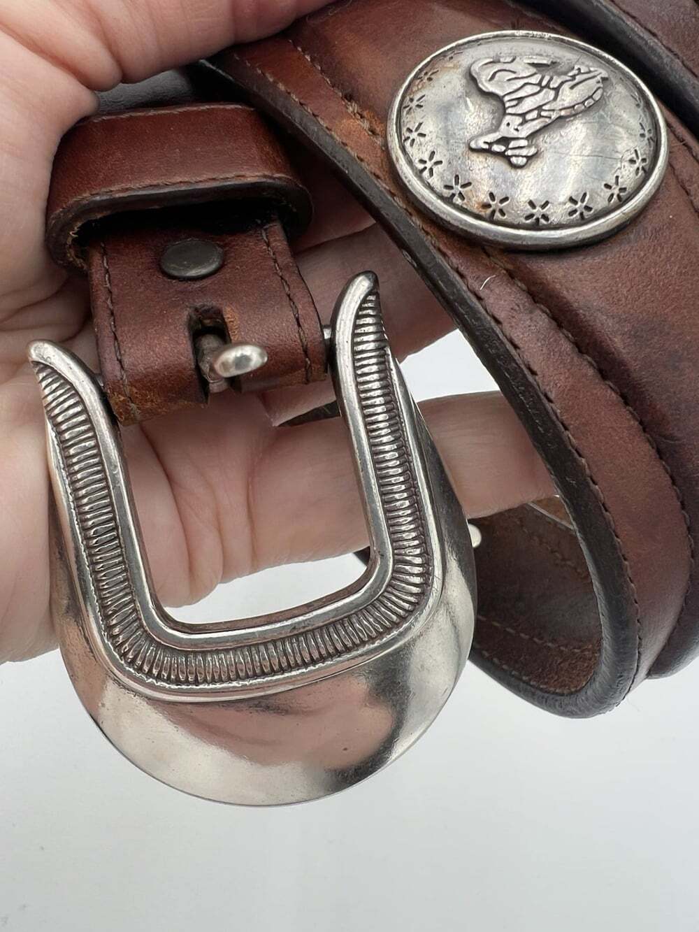 Justin 1638D Leather Western Belt Size 40 Cowboy Bull Rider Concho Brown - Picture 2 of 14